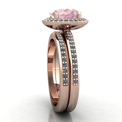Portia 8mm AAA Natural Round Morganite Diamond Collar and Shoulders Design 14k Rose Gold Ring with Option of Matching Wedding Band-Custom-Made Jewelry-Fire & Brilliance ®