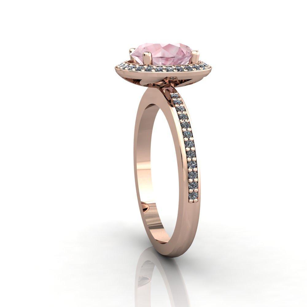 Portia 8mm AAA Natural Round Morganite Diamond Collar and Shoulders Design 14k Rose Gold Ring with Option of Matching Wedding Band-Custom-Made Jewelry-Fire & Brilliance ®