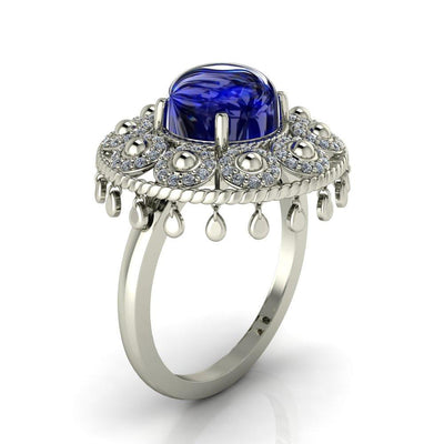 Portia Cabochon 8mm Round Lab Created Blue Star Sapphire on 14K or 18K White Gold Mystique Peacock Lamp Cocktail Ring-Custom-Made Jewelry-Fire & Brilliance ®