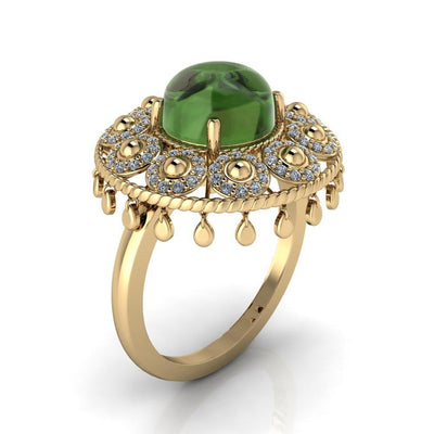 Portia Cabochon Genuine 8mm Nephrite Jade on 14K or 18K Yellow Gold Mystique Peacock Lamp Cocktail Ring-Custom-Made Jewelry-Fire & Brilliance ®