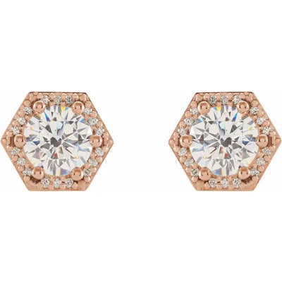 Hexagon Halo Round Moissanite & Diamond 6 Prong Earrings