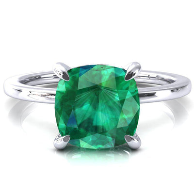 Rosy Cushion Emerald 4 Claw Prong Single Rail Micropave Engagement Ring-FIRE & BRILLIANCE