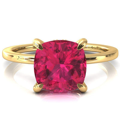 Rosy Cushion Ruby 4 Claw Prong Single Rail Micropave Engagement Ring-FIRE & BRILLIANCE