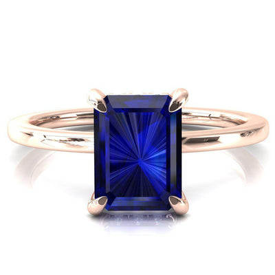 Rosy Emerald Blue Sapphire 4 Claw Prong Single Rail Micropave Engagement Ring-FIRE & BRILLIANCE