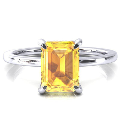 Rosy Emerald Yellow Sapphire 4 Claw Prong Single Rail Micropave Engagement Ring-FIRE & BRILLIANCE