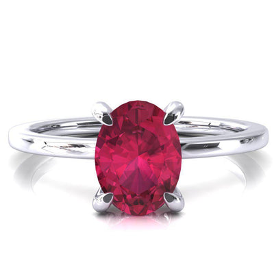 Rosy Oval Ruby 4 Claw Prong Single Rail Micropave Engagement Ring-FIRE & BRILLIANCE