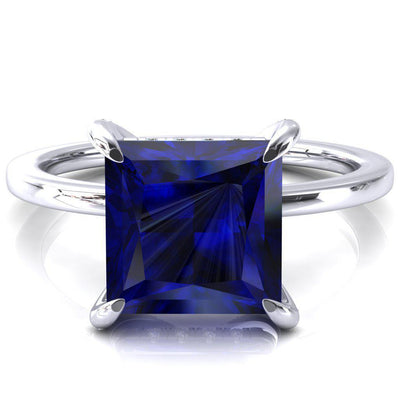 Rosy Princess Blue Sapphire 4 Claw Prong Single Rail Micropave Engagement Ring-FIRE & BRILLIANCE