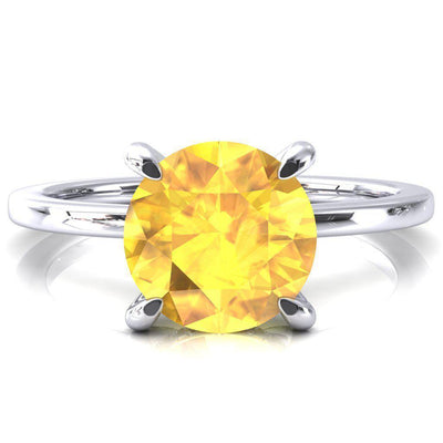 Rosy Round Yellow Sapphire 4 Claw Prong Single Rail Micropave Engagement Ring-FIRE & BRILLIANCE