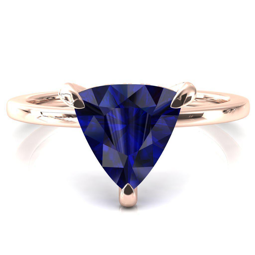 Rosy Trillion Blue Sapphire 3 Claw Prong Single Rail Micropave Engagement Ring-FIRE & BRILLIANCE