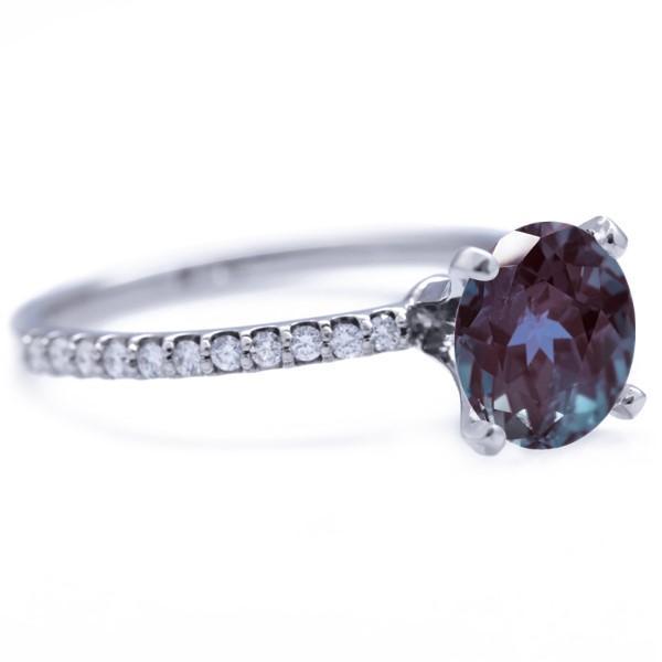 Round Alexandrite 4 Prongs Diamond Accent Ice Solitaire Ring-FIRE & BRILLIANCE