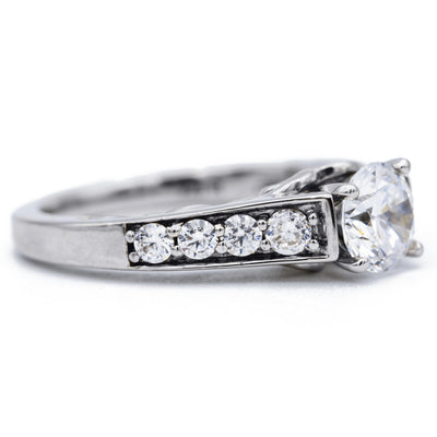 Round Moissanite 14K White Gold 4 Prong Diamond Shank Ring-Fire & Brilliance ® Creative Designs-Fire & Brilliance ®