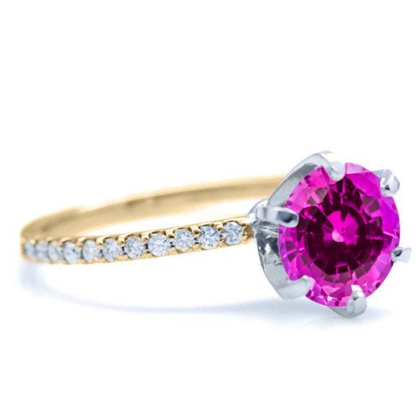 Round Pink Sapphire 6 Prongs Diamond Accent Ice Solitaire Ring-FIRE & BRILLIANCE