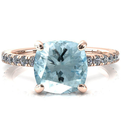 Sicili Cushion Aqua Blue Spinel 4 Prong 3/4 Micro Pave Diamond Engagement Ring-FIRE & BRILLIANCE