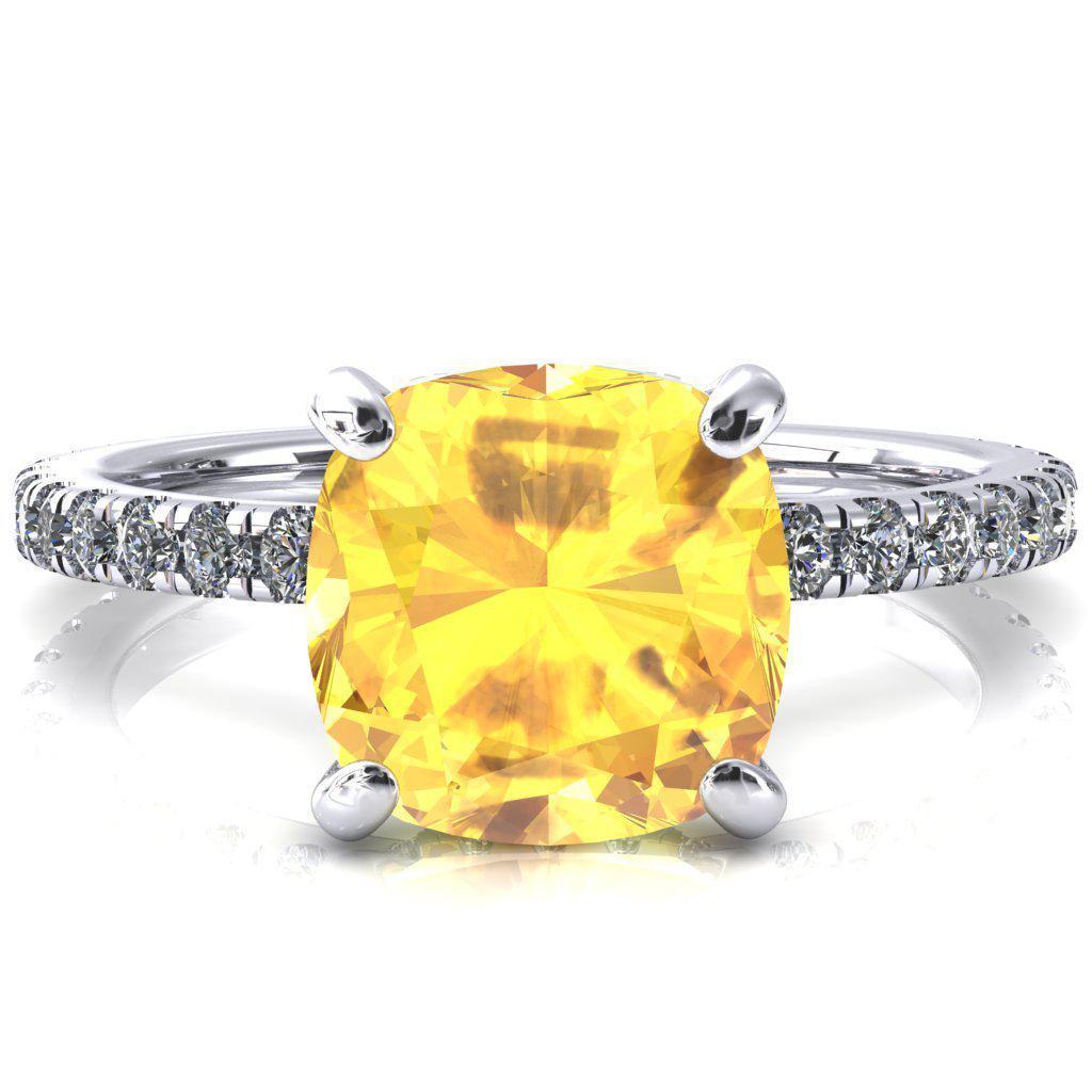 Sicili Cushion Yellow Sapphire 4 Prong 3/4 Micro Pave Diamond Engagement Ring-FIRE & BRILLIANCE