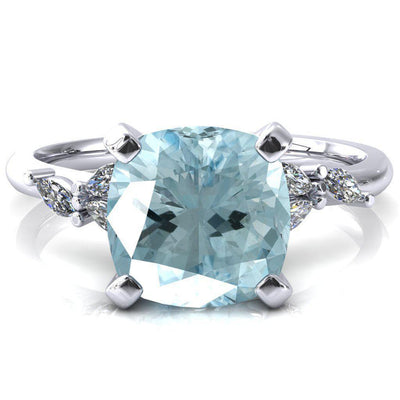 Sigrid Cushion Aqua Blue Spinel 4 Prong Marquise Diamond Side Ring-FIRE & BRILLIANCE