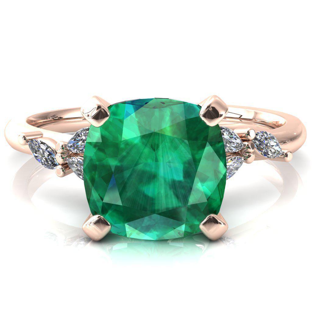 Sigrid Cushion Emerald 4 Prong Marquise Diamond Side Ring-FIRE & BRILLIANCE