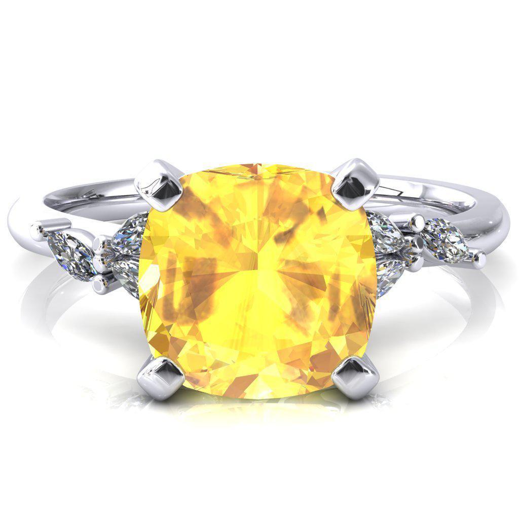 Sigrid Cushion Yellow Sapphire 4 Prong Marquise Diamond Side Ring-FIRE & BRILLIANCE