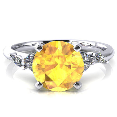 Sigrid Round Yellow Sapphire 4 Prong Marquise Diamond Side Ring-FIRE & BRILLIANCE