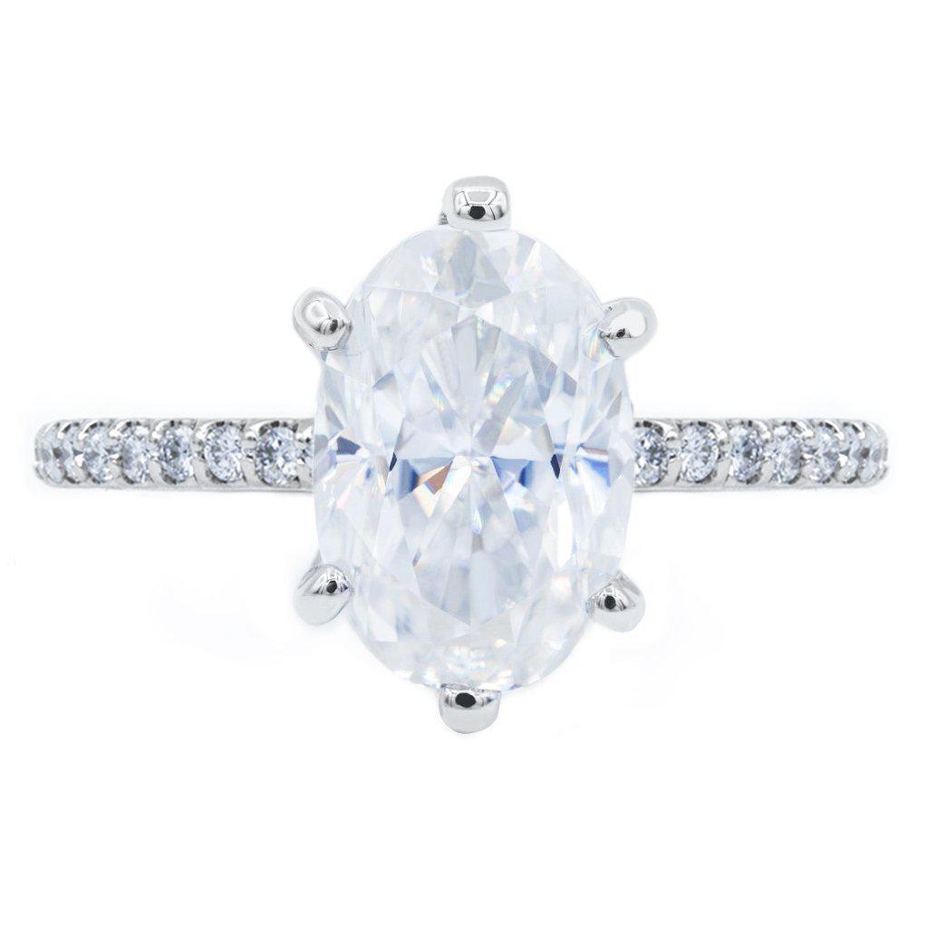 Skinny Oval Crushed Ice Moissanite Prongs Diamond Accent Ice Solitaire  Ring
