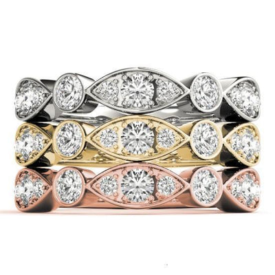Stackables 1/2 Eternity Tri-Tone Gold Triple Diamond Marquise Bezel 3-Band Set Selectables-Wedding and Anniversary Bands-Fire & Brilliance ®