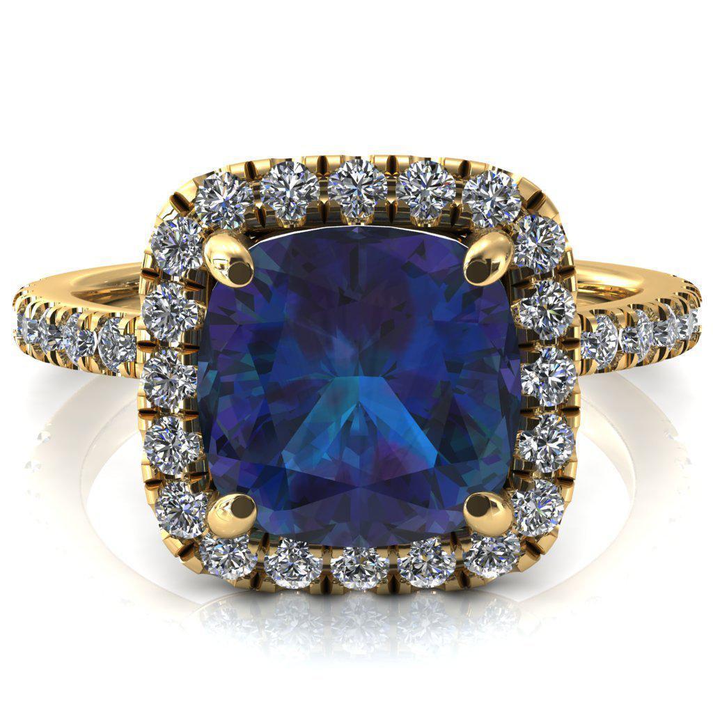 Talia Cushion Alexandrite 4 Prong Halo 3/4 Micropave Engagement Ring-FIRE & BRILLIANCE