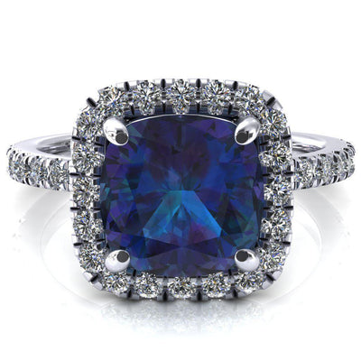 Talia Cushion Alexandrite 4 Prong Halo 3/4 Micropave Engagement Ring-FIRE & BRILLIANCE
