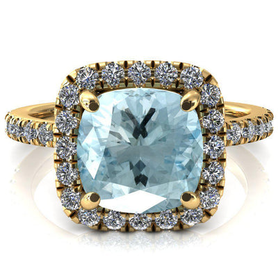 Talia Cushion Aqua Blue Spinel 4 Prong Halo 3/4 Micropave Engagement Ring-FIRE & BRILLIANCE