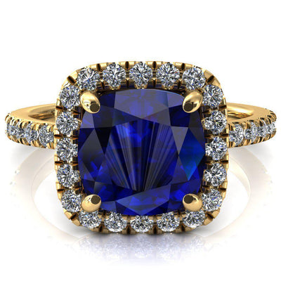 Talia Cushion Blue Sapphire 4 Prong Halo 3/4 Micropave Engagement Ring-FIRE & BRILLIANCE