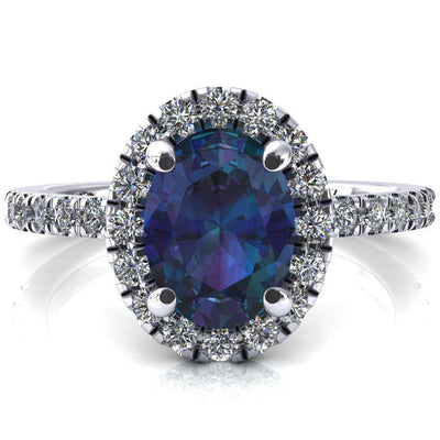 Talia Oval Alexandrite 4 Prong Halo 3/4 Micropave Engagement Ring-FIRE & BRILLIANCE