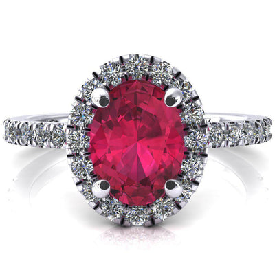 Talia Oval Ruby 4 Prong Halo 3/4 Micropave Engagement Ring-FIRE & BRILLIANCE