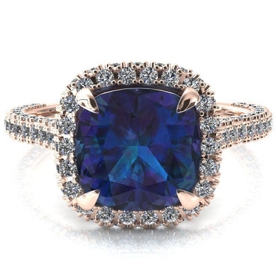 Taniya Cushion Alexandrite 4 Claw Prong Halo 3/4 Eternity 3 Sided Diamond Shank Cathedral Engagement Ring-FIRE & BRILLIANCE