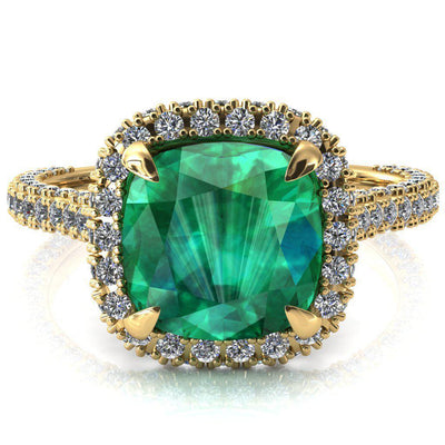 Taniya Cushion Emerald 4 Claw Prong Halo 3/4 Eternity 3 Sided Diamond Shank Cathedral Engagement Ring-FIRE & BRILLIANCE