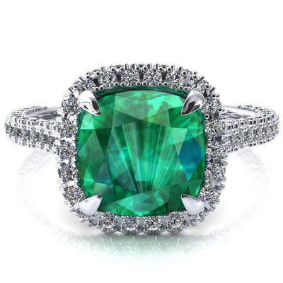 Taniya Cushion Emerald 4 Claw Prong Halo 3/4 Eternity 3 Sided Diamond Shank Cathedral Engagement Ring-FIRE & BRILLIANCE
