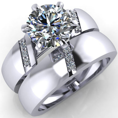 Toni Round Moissanite 6 Prong Diamond Side Thick Band Ring-Custom-Made Jewelry-Fire & Brilliance ®