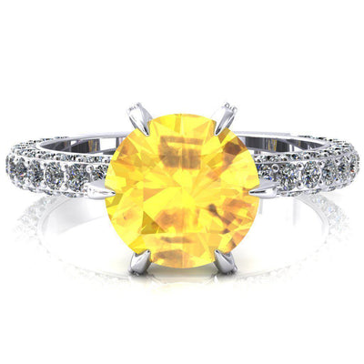 Vanessa Round Yellow Sapphire 6 Claw Prongs 3/4 Pavé Eternity Engagement Ring-FIRE & BRILLIANCE