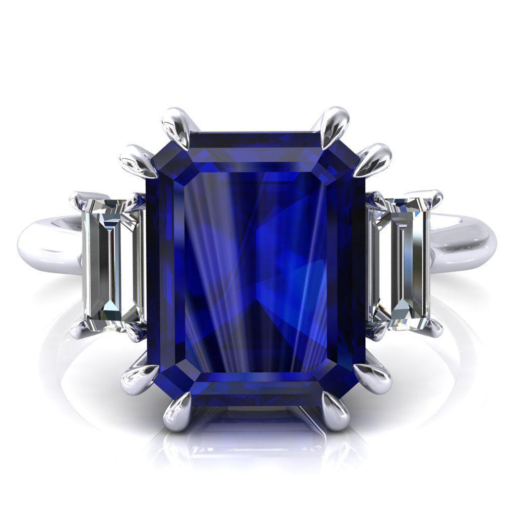 Venice Emerald Blue Sapphire with Diamond Baguette Stone Ring