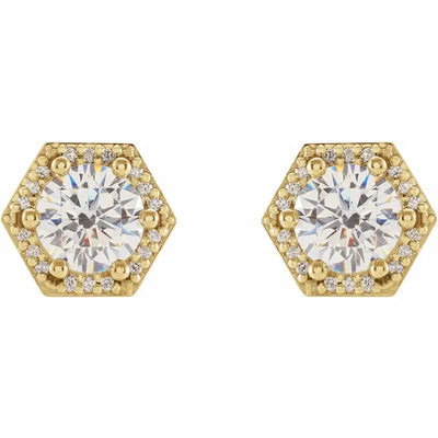 Hexagon Halo Round Moissanite & Diamond 6 Prong Earrings