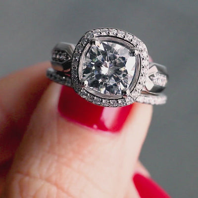 Melody Cushion Center Stone Posh Cathedral Diamond Halo 4 Prong Engagement Ring