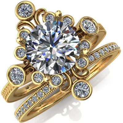 Leilani Round Moissanite Art Deco Natural Diamond Galaxy Design Engagement Ring-Custom-Made Jewelry-Fire & Brilliance ®