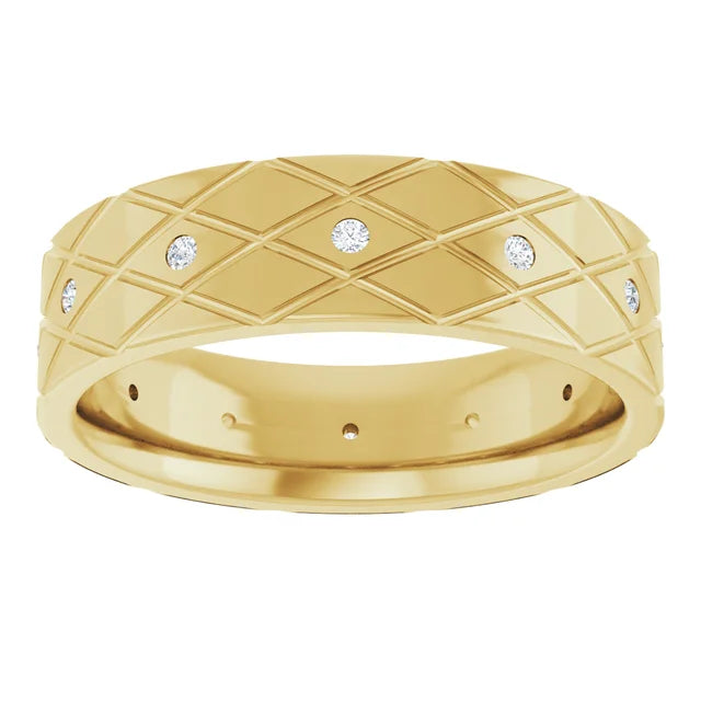 Round Accented Full Eternity Criss Cross Patterned Bold Band