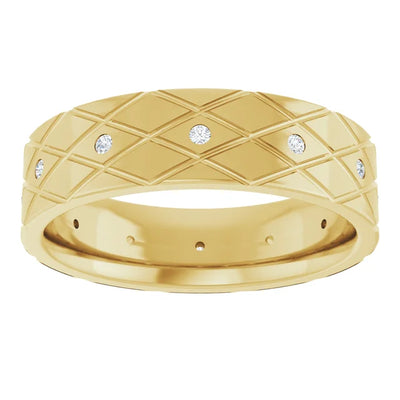 Round Accented Full Eternity Criss Cross Patterned Bold Band
