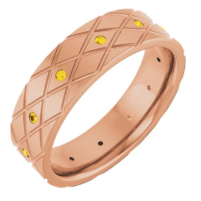 Round Accented Full Eternity Criss Cross Patterned Bold Band