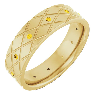 Round Accented Full Eternity Criss Cross Patterned Bold Band