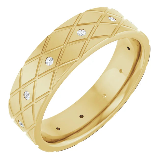 Round Accented Full Eternity Criss Cross Patterned Bold Band