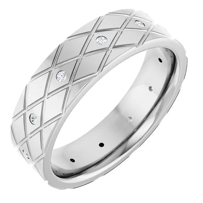 Round Accented Full Eternity Criss Cross Patterned Bold Band