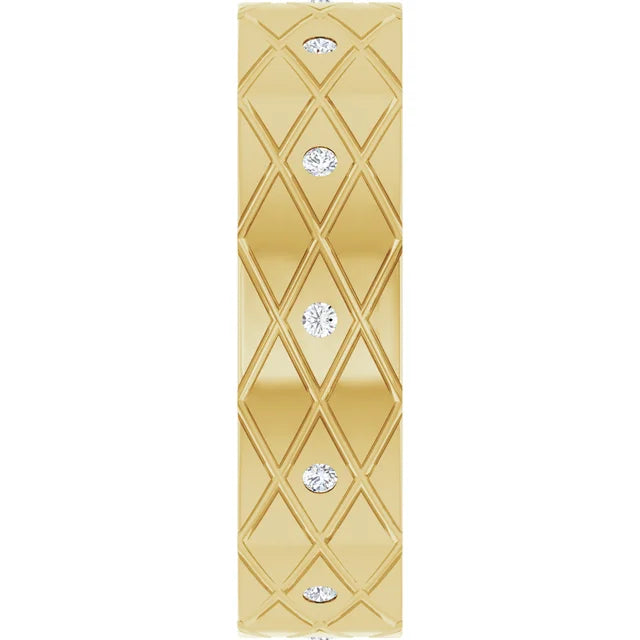 Round Accented Full Eternity Criss Cross Patterned Bold Band