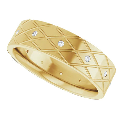 Round Accented Full Eternity Criss Cross Patterned Bold Band
