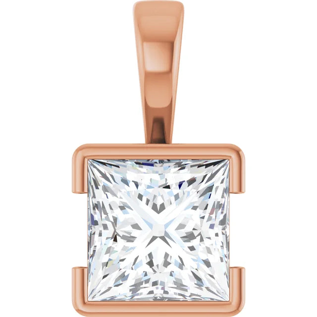 Square Princess Cut Center Half Bezel Pendant and Necklace