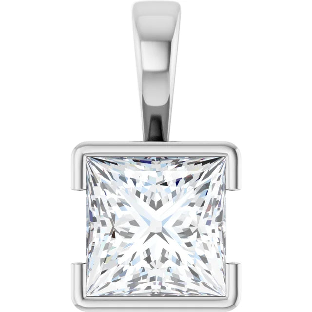Square Princess Cut Center Half Bezel Pendant and Necklace
