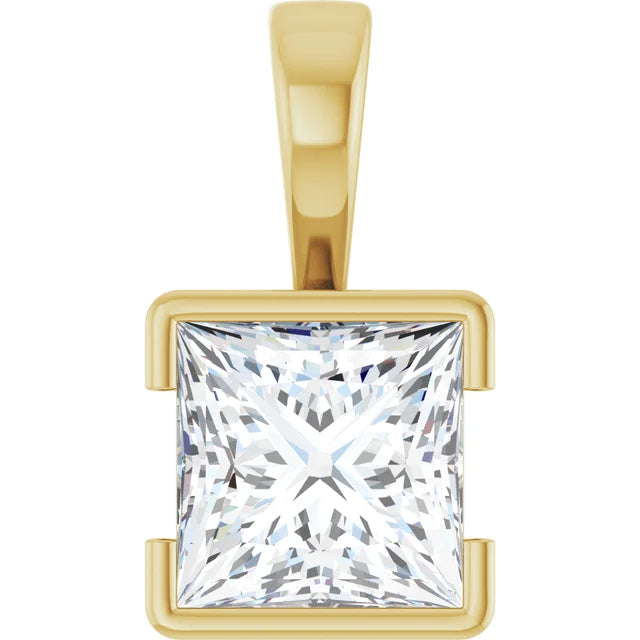 Square Princess Cut Center Half Bezel Pendant and Necklace